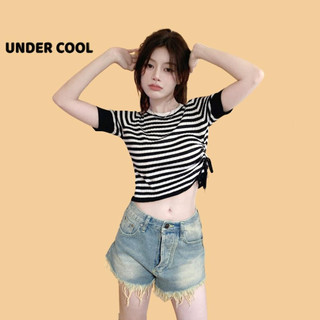 Áo Cộc Nữ Cổ Tròn Len Tăm UNDERCOOL Kẻ Sọc Ngang Rút Eo Ôm Dáng ACT34