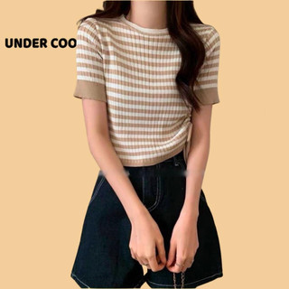 Áo Cộc Nữ Cổ Tròn Len Tăm UNDERCOOL Kẻ Sọc Ngang Rút Eo Ôm Dáng ACT34