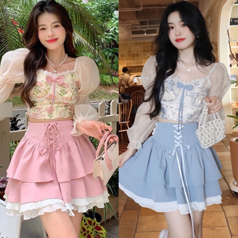 SONNET SET - Set Áo Croptop và Chân Váy Đính Ren Hoa Trắng Lấp Lánh