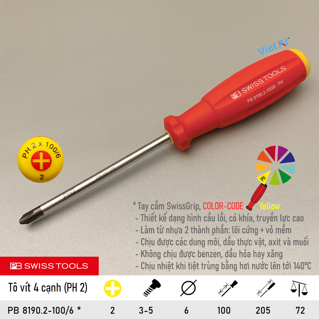 Tô vít 4 cạnh PB 8190.2-100/6 (PH 2) dài 205mm, tay cầm SwissGrip/Color ...