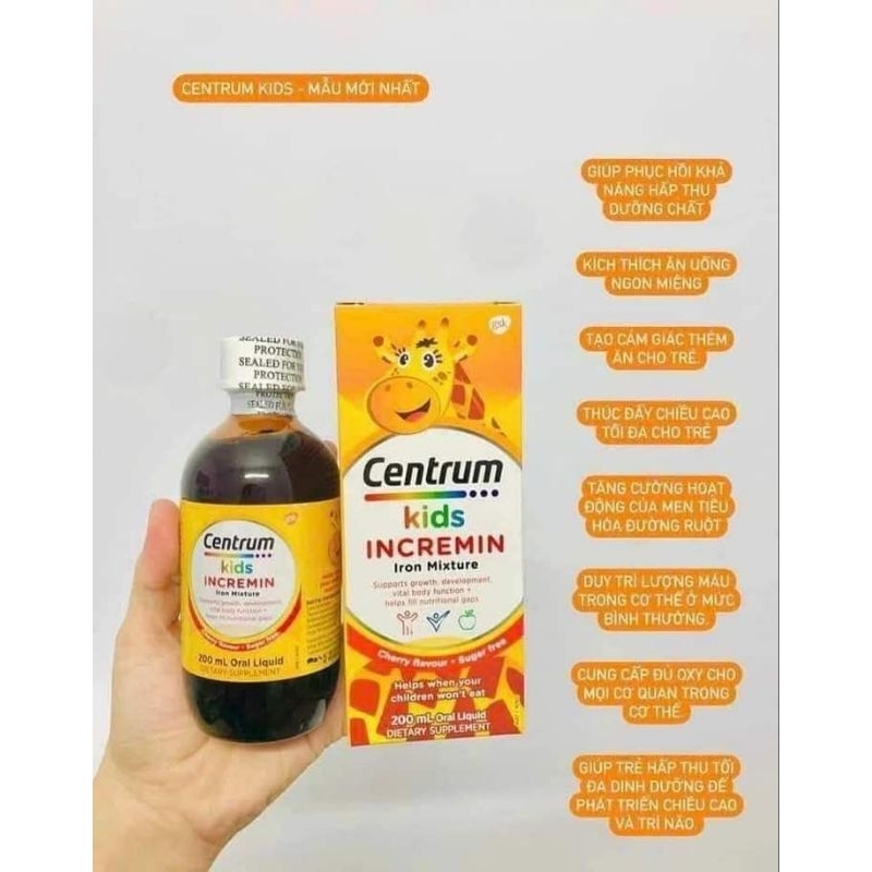 Siro Centrum Kids Biếng Ăn Incremin Iron Mixture Vị Cherry hỗ trợ bé ăn ngon - DATE MỚI