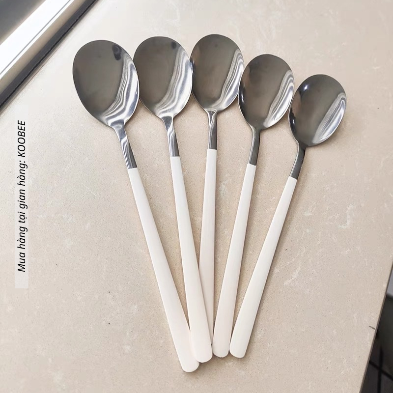 Bộ 5 Thìa Muỗng Ăn Cơm Cán Dài Inox 304 Cao Cấp - Bộ Thìa Trắng Phong Cách Hàn Quốc Ăn Cơm, Phở, Cháo, Soup (BA26)