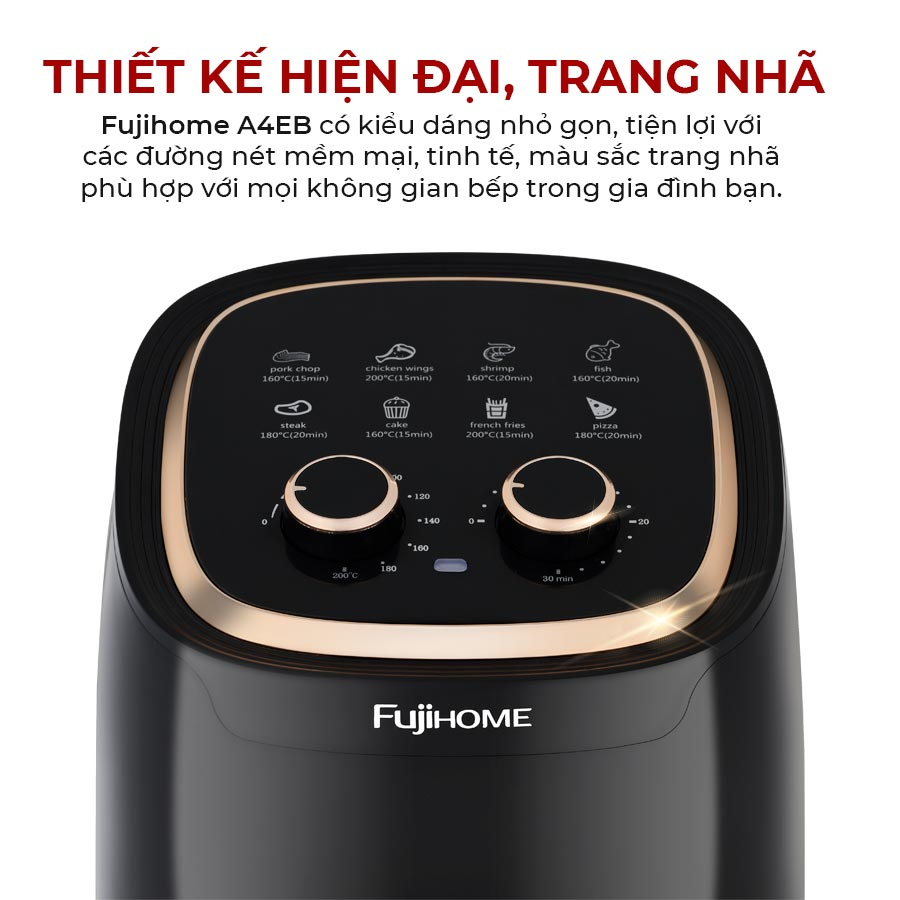 Nồi chiên không dầu 4,5 lít Fujihome A4EB, công suất 1400W đa chức năng, lòng nồi phủ chống dính, BH toàn quốc 18 tháng
