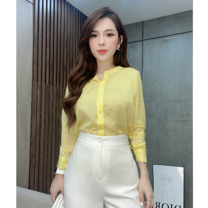 Áo sơ mi Liin Clothing kẻ vàng cổ tàu thiết kế sang trọng AKD284PRI-S23