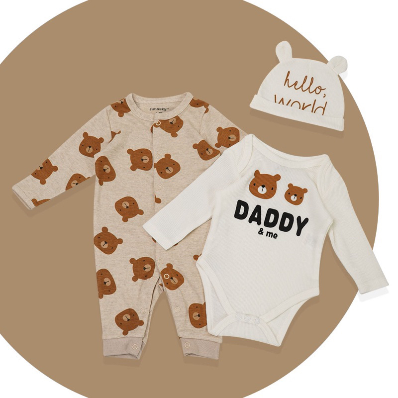 [MD31] Set 2 bodysuit dài tay hoạ tiết gấu xinh kèm 1 mũ cho bé yêu