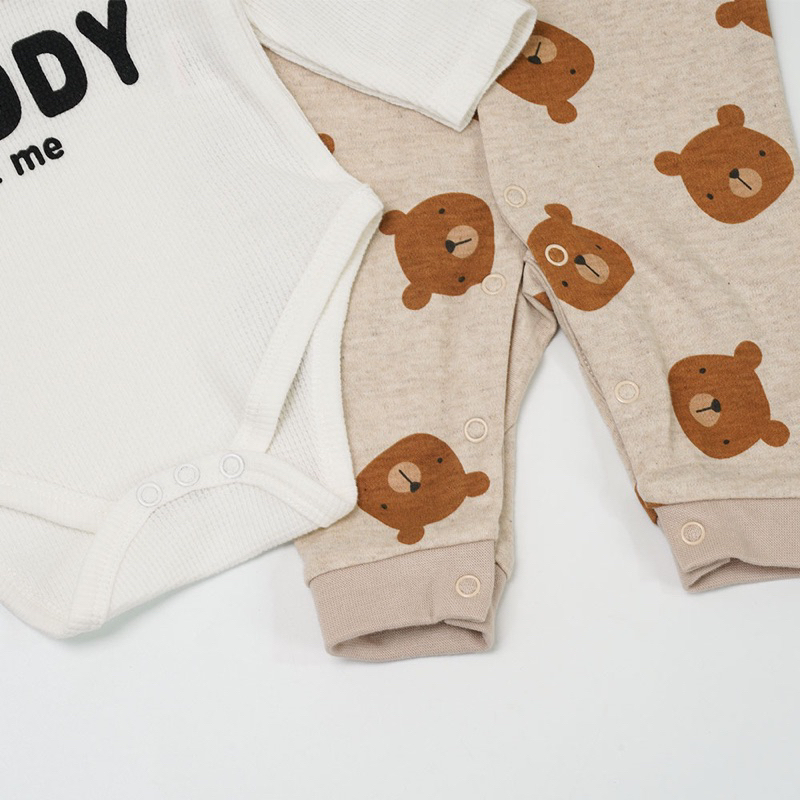 [MD31] Set 2 bodysuit dài tay hoạ tiết gấu xinh kèm 1 mũ cho bé yêu