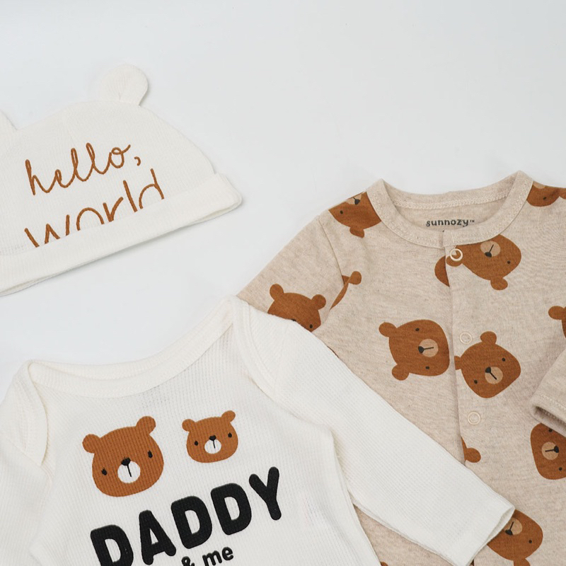 [MD31] Set 2 bodysuit dài tay hoạ tiết gấu xinh kèm 1 mũ cho bé yêu