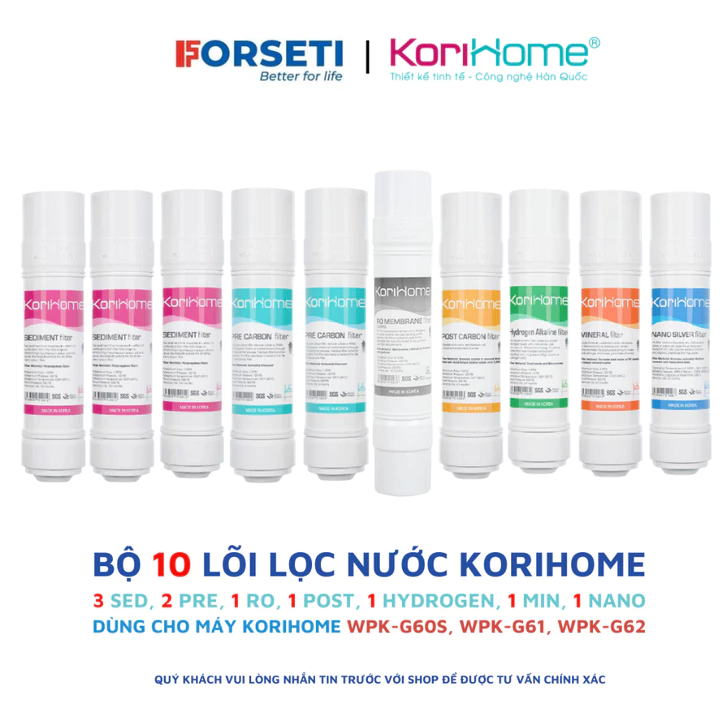 Trọn bộ lõi lọc nước Korihome 10 lõi cho máy WPK-G61, WPK-G6S,...
