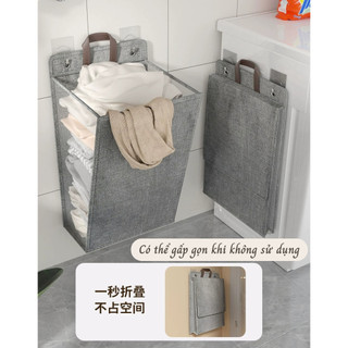 Giỏ Đựng Quần Áo Treo Tường Nhà Tắm Gấp Gọn Có Nắp Tiện Lợi Đựng Quần Áo Bẩn Vải Canvas Chống Nước Tặng Miếng Dán 88420