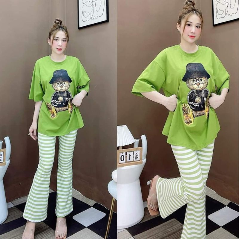 Đồ Bộ Nữ Bigsize 45-85kg Quần Dài Ống Loe Xẻ Tà Nơ Cạp Cao Thun Gân Áo Tay Ngắn ESHOP DB89