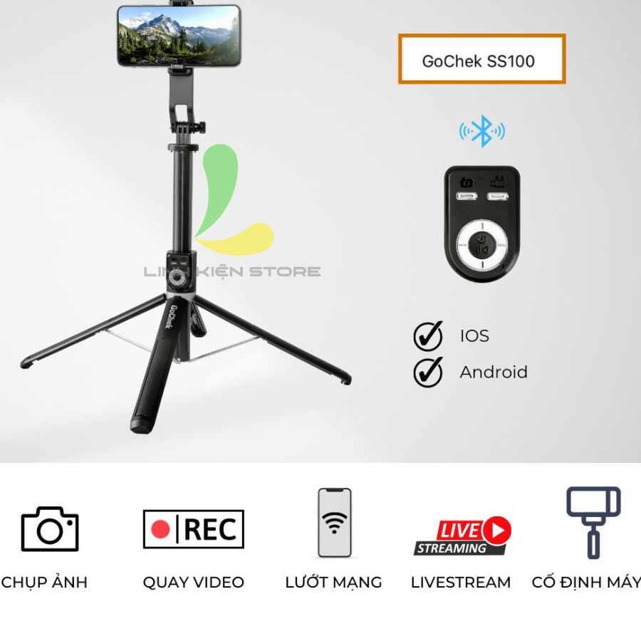 Gậy Chụp Ảnh GoChek SS100 - Tripod/ Selfi Bluetooth Điện Thoại, Livestream, Vlog Đa Năng Kéo Dài 2m2