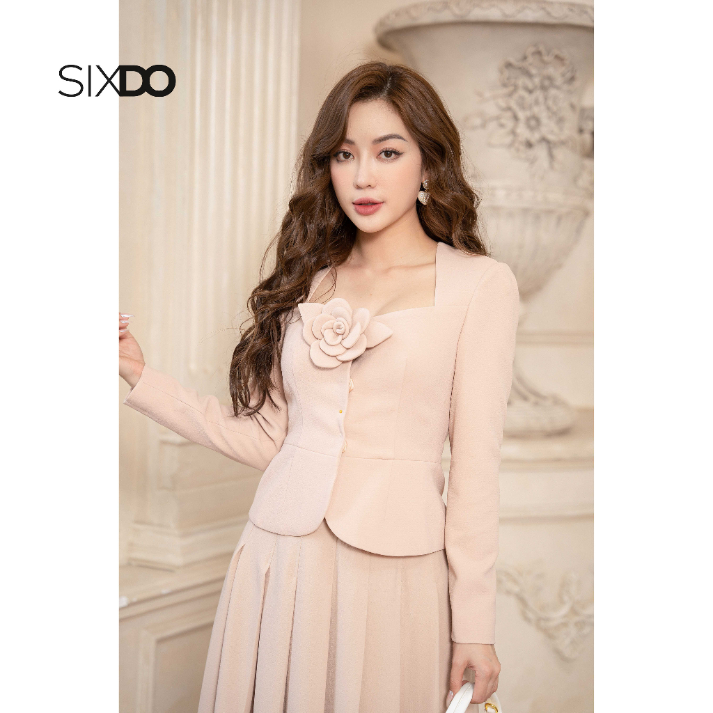 Áo vest nữ dài tay cổ vuông phối hoa ngực SIXDO Beige Long Sleeves Woven Vest