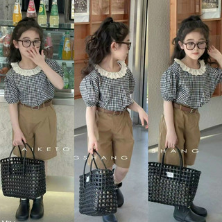 Đồ bộ bé gái quần kaki short kaki mềm kèm áo sơ mi kẻ cổ bèo siêu phong cách châu Âu bé gái 10-45kg