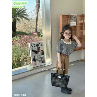 Đồ bộ bé gái quần kaki short kaki mềm kèm áo sơ mi kẻ cổ bèo siêu phong cách châu Âu bé gái 10-45kg