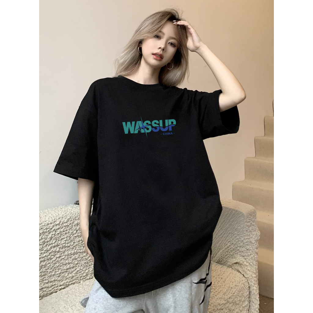 Áo thun nữ HappyFamily - Mẫu  tay lở in chữ WASSUP chất cotton 100 Cao Cấp