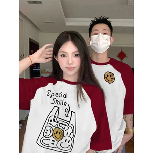 Áo thun cặp đôi HappyFamily - Mẫu tay lở Raglan in họa tiết Special Smile chất cotton 100 Cao Cấp