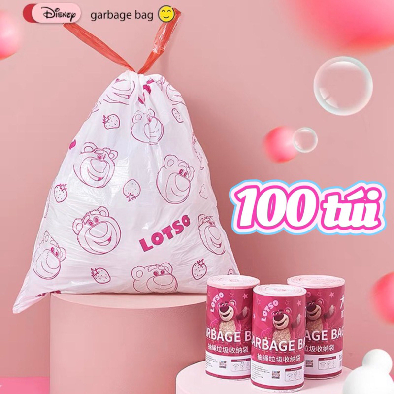 Set cuộn 100 túi đựng rác dây rút gấu dâu siêu dai tự phân huỷ size ...