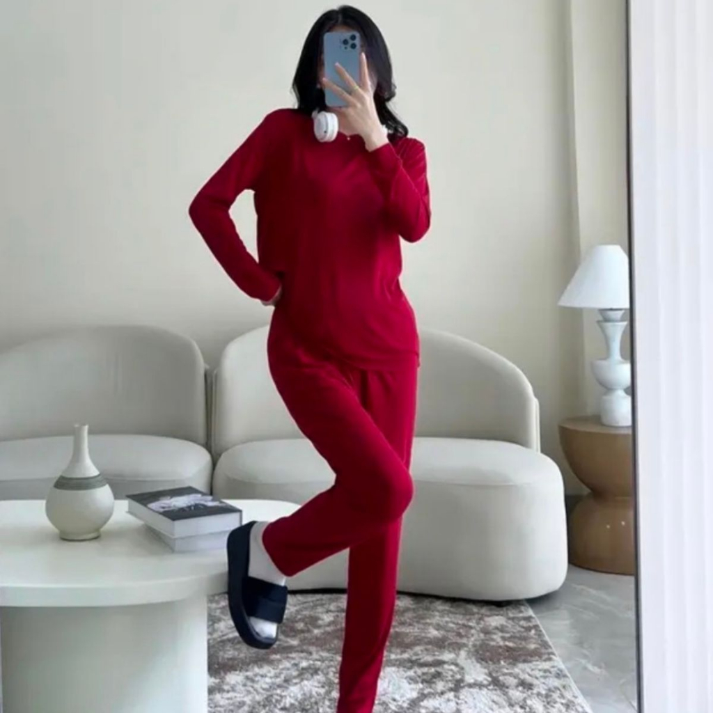 Set Đồ Bộ Nữ Tay Dài Ủ Kem Chất Thun Lạnh Cổ Tròn ESHOP Đồ Bộ Thun Lạnh Gân Tăm Mịn Mát Mặc Ủ Kem Tay Dài Quần Dài UK01