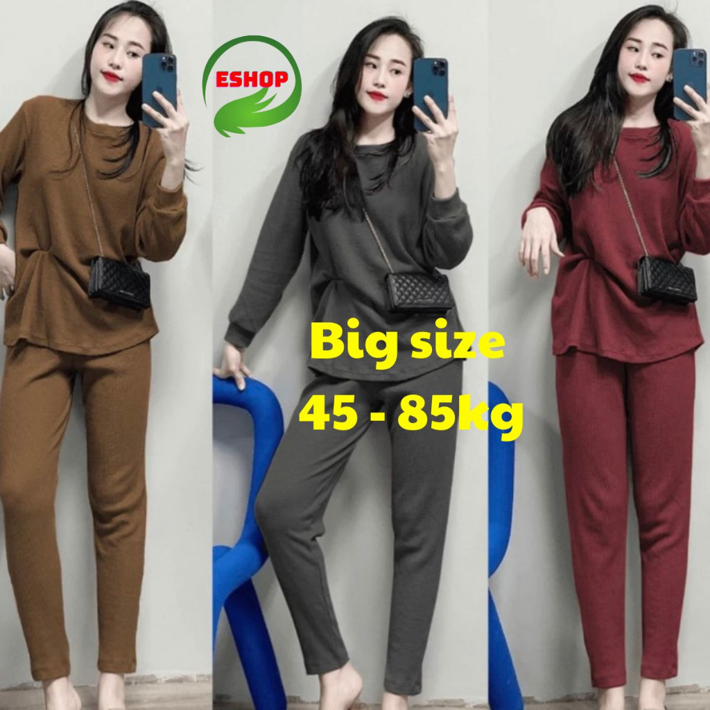 Set Đồ Bộ Nữ Tay Dài Ủ Kem Chất Thun Lạnh Cổ Tròn ESHOP Đồ Bộ Thun Lạnh Gân Tăm Mịn Mát Mặc Ủ Kem Tay Dài Quần Dài UK01