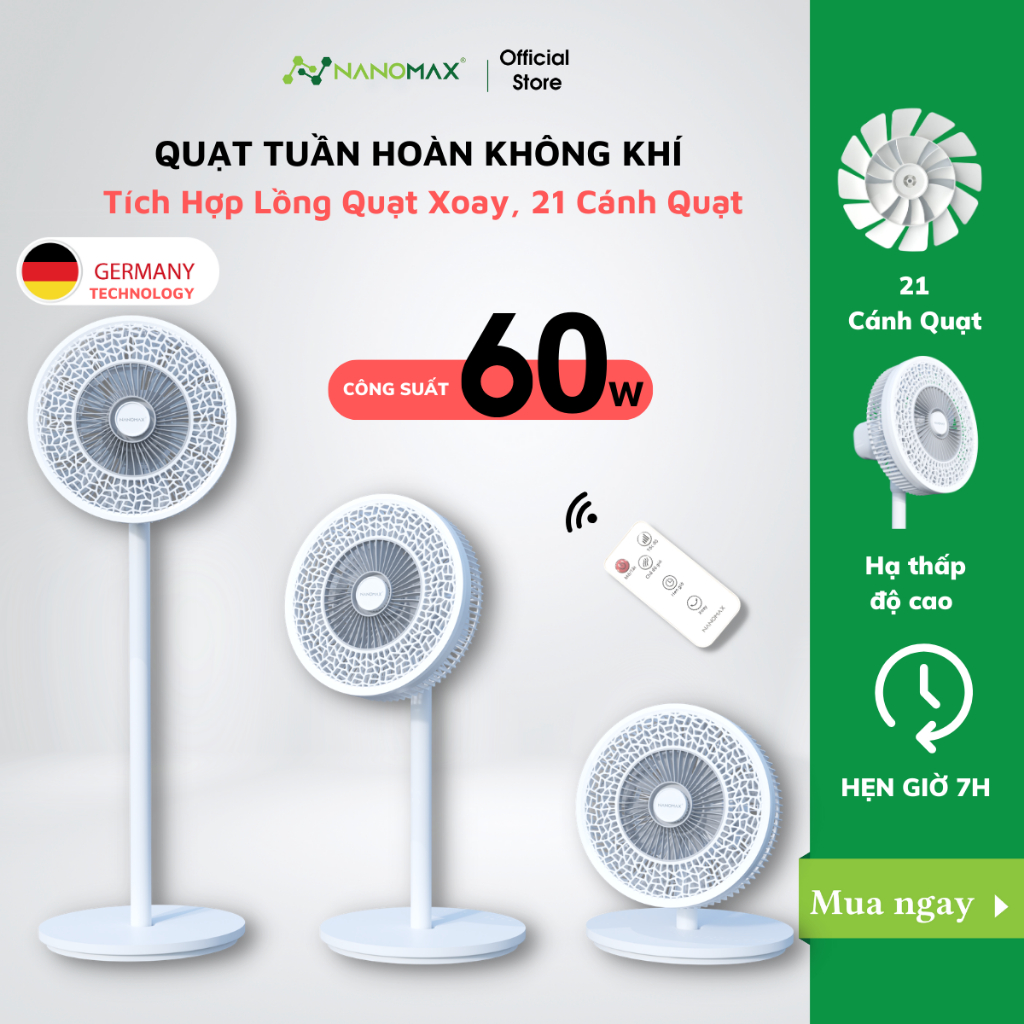 Ảnh Quạt Cây Đứng Tuần Hoàn Không Khí NANOMAX QN-08, Công Suất 60W, Tùy Chỉnh Độ Cao 3 Mức, Tặng Kèm Điều Khiển Từ Xa 1