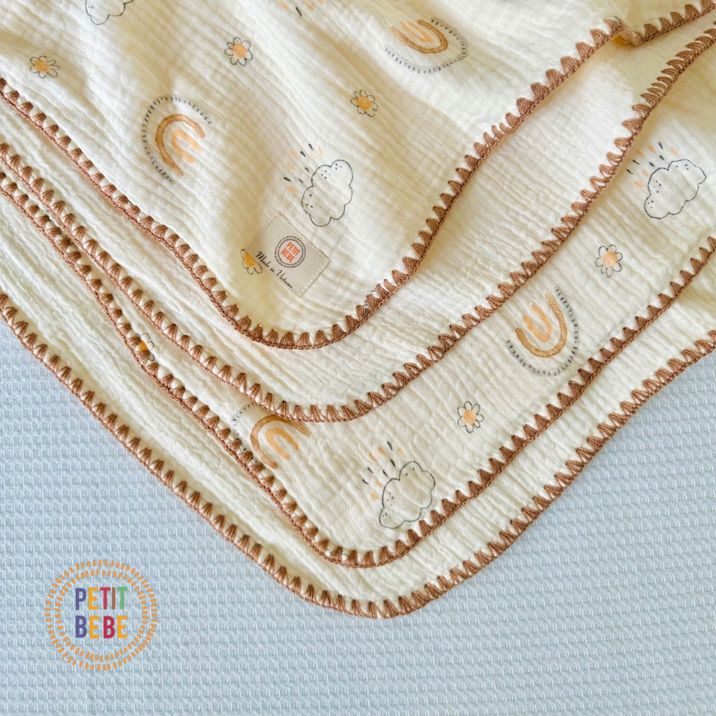 Ảnh Chăn đa năng 70x90cm viền thủ công cho bé PETIT BEBE muslin 4 lớp thấm hút thoáng khí 4