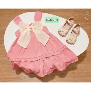 Váy 2 Dây Nơ To Màu Hồng Cam Đầm Xòe Qua Gối Cho Bé 4-5 Tuổi 17-20kg