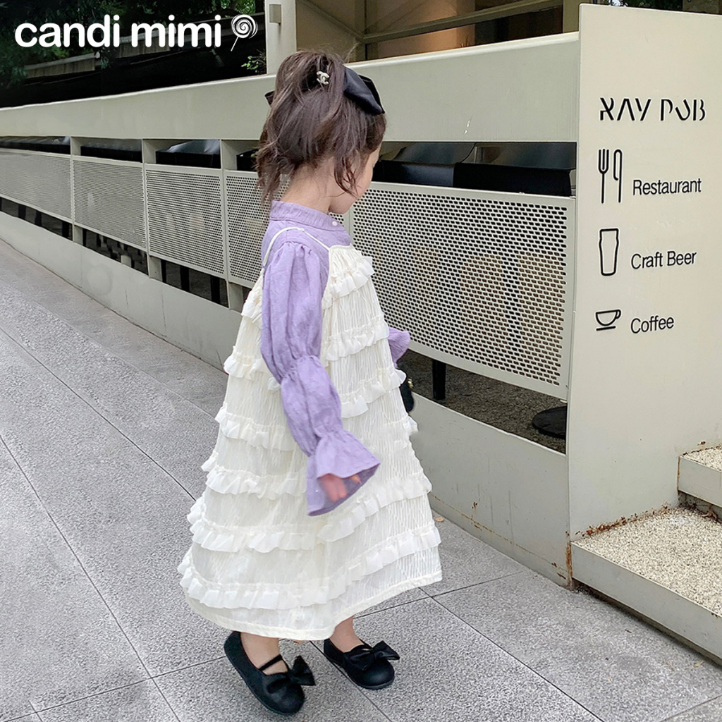 CANDIMIMI Set Áo Tay Bồng Và Váy Hai Dây Xếp Bèo Tầng Cho Bé Gái - Phong Cách Tiểu Thư - Thời Trang Trẻ Em Thu Đông