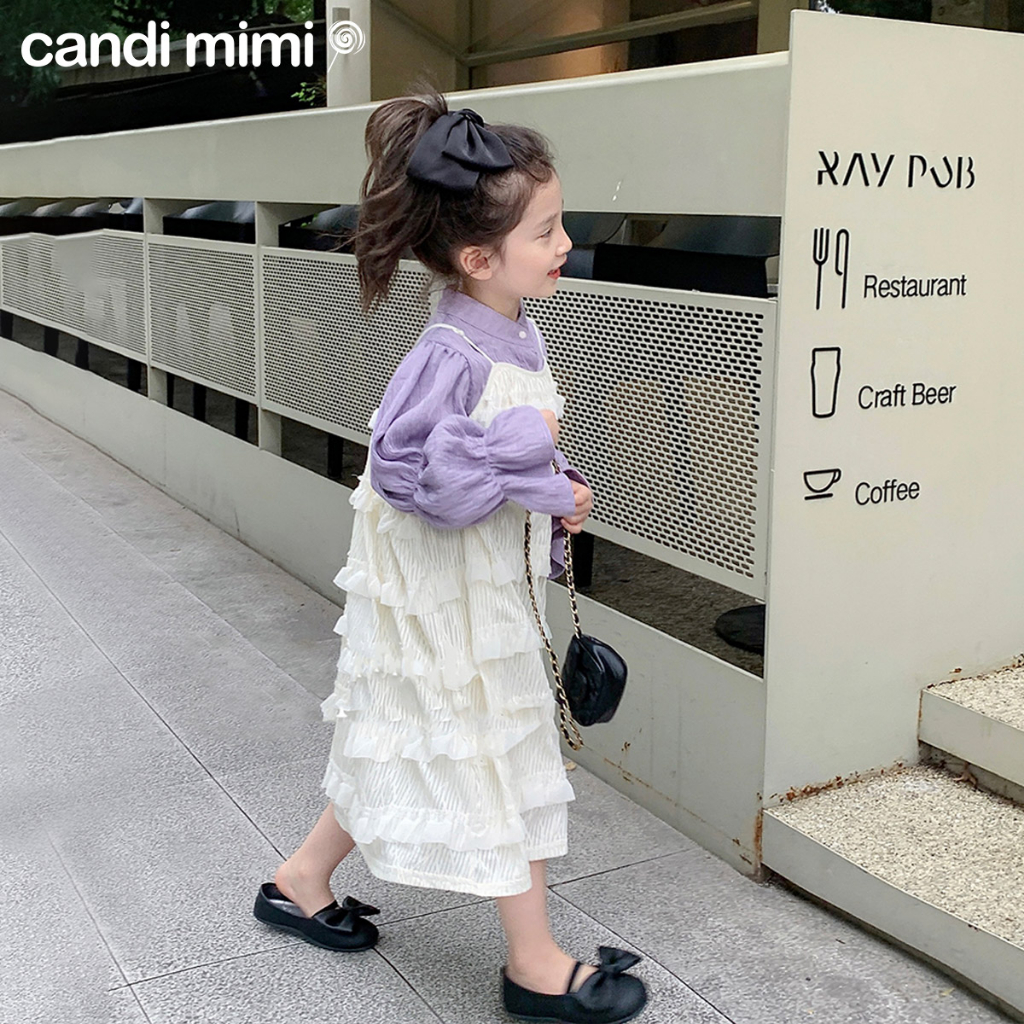 CANDIMIMI Set Áo Tay Bồng Và Váy Hai Dây Xếp Bèo Tầng Cho Bé Gái - Phong Cách Tiểu Thư - Thời Trang Trẻ Em Thu Đông