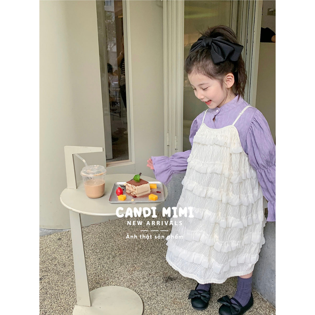 CANDIMIMI Set Áo Tay Bồng Và Váy Hai Dây Xếp Bèo Tầng Cho Bé Gái - Phong Cách Tiểu Thư - Thời Trang Trẻ Em Thu Đông