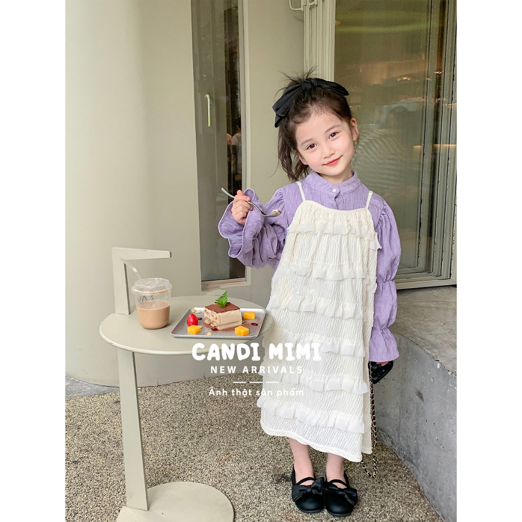 CANDIMIMI Set Áo Tay Bồng Và Váy Hai Dây Xếp Bèo Tầng Cho Bé Gái - Phong Cách Tiểu Thư - Thời Trang Trẻ Em Thu Đông