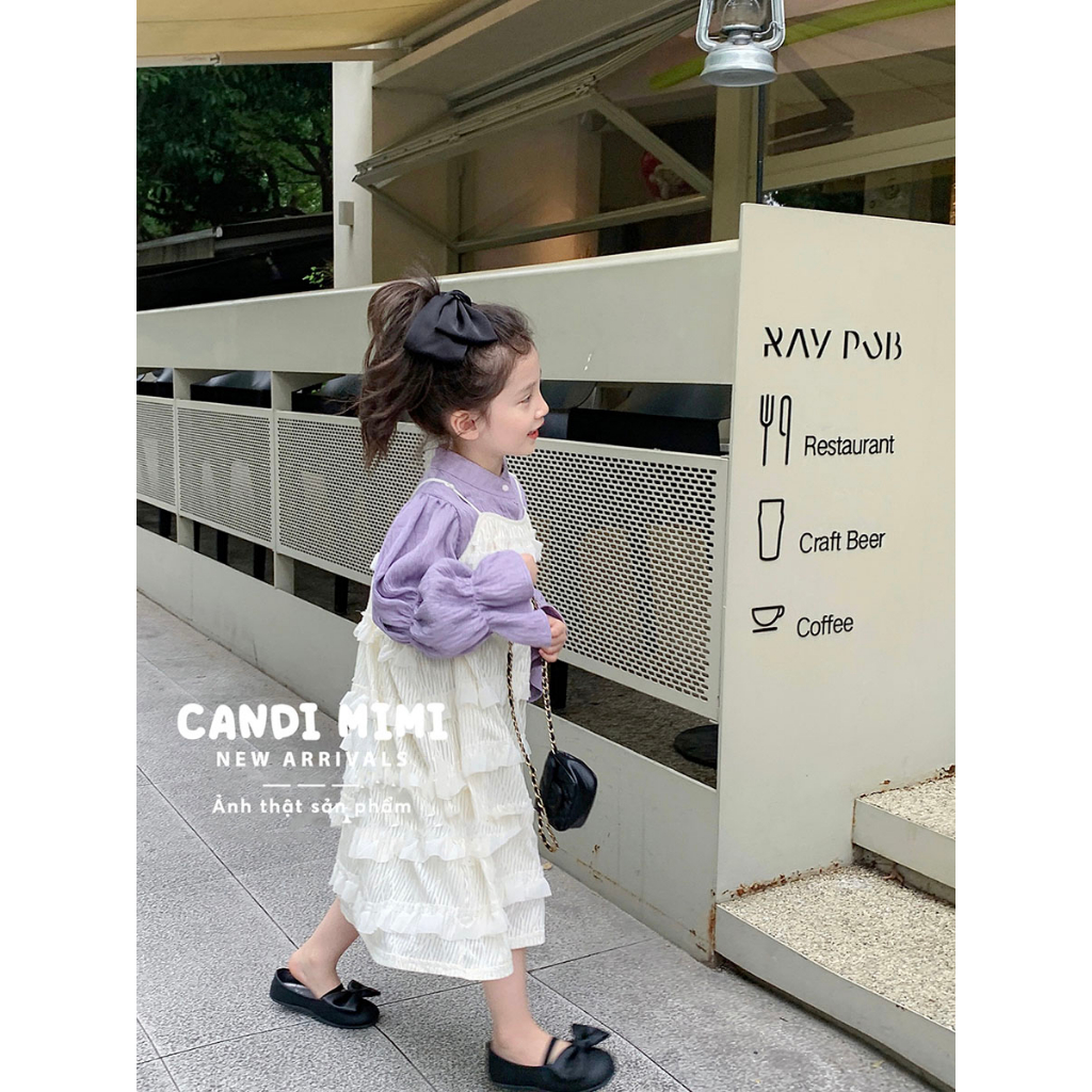 CANDIMIMI Set Áo Tay Bồng Và Váy Hai Dây Xếp Bèo Tầng Cho Bé Gái - Phong Cách Tiểu Thư - Thời Trang Trẻ Em Thu Đông