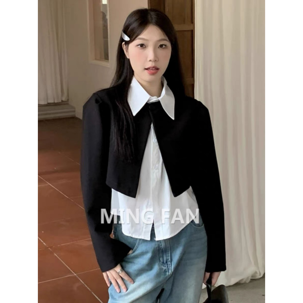 Sét/áo sơ mi nữ phối blazer dài tay Thanhhuyen clothings, blazer dáng croptop tay dài thiết kế 1 cúc phối sơ mi