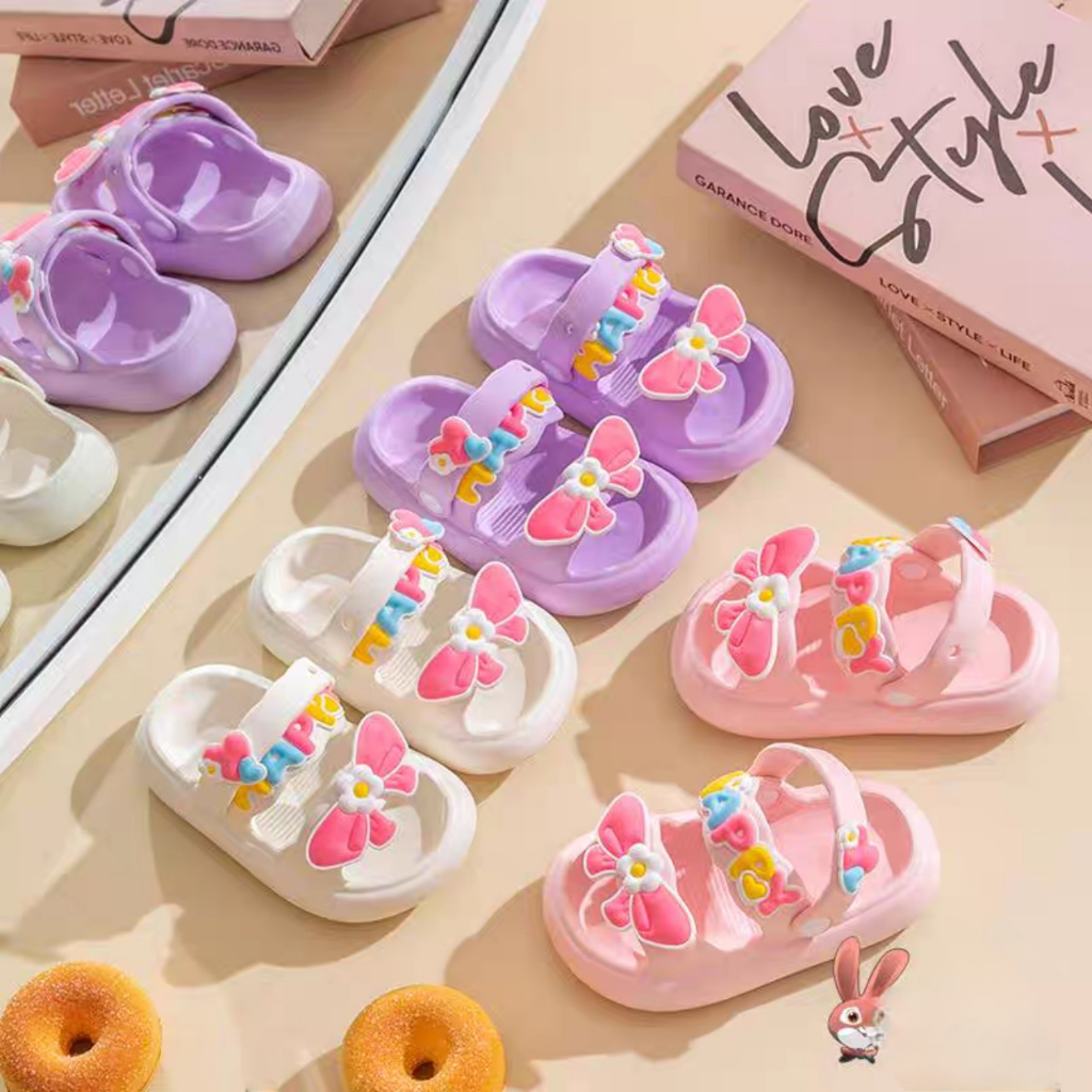 Dép bánh mì hai quai có kèm quai sau cho bé gái siêu đẹp hình nơ chữ Happy siêu nhẹ
