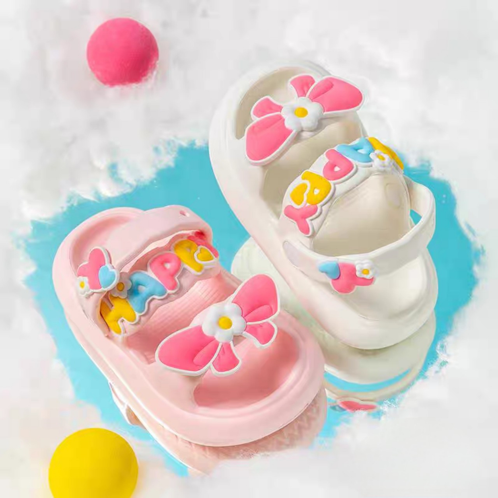 Dép bánh mì hai quai có kèm quai sau cho bé gái siêu đẹp hình nơ chữ Happy siêu nhẹ