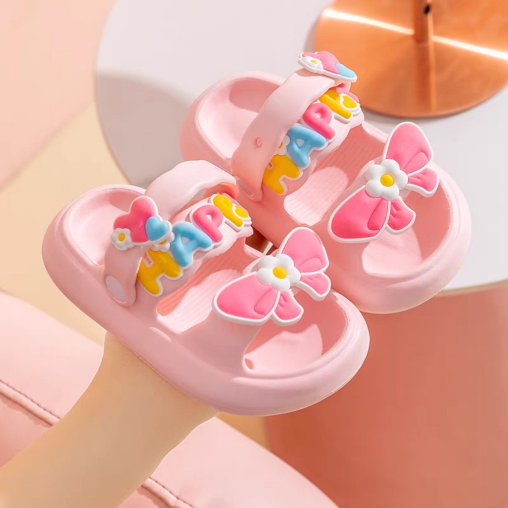 Dép bánh mì hai quai có kèm quai sau cho bé gái siêu đẹp hình nơ chữ Happy siêu nhẹ