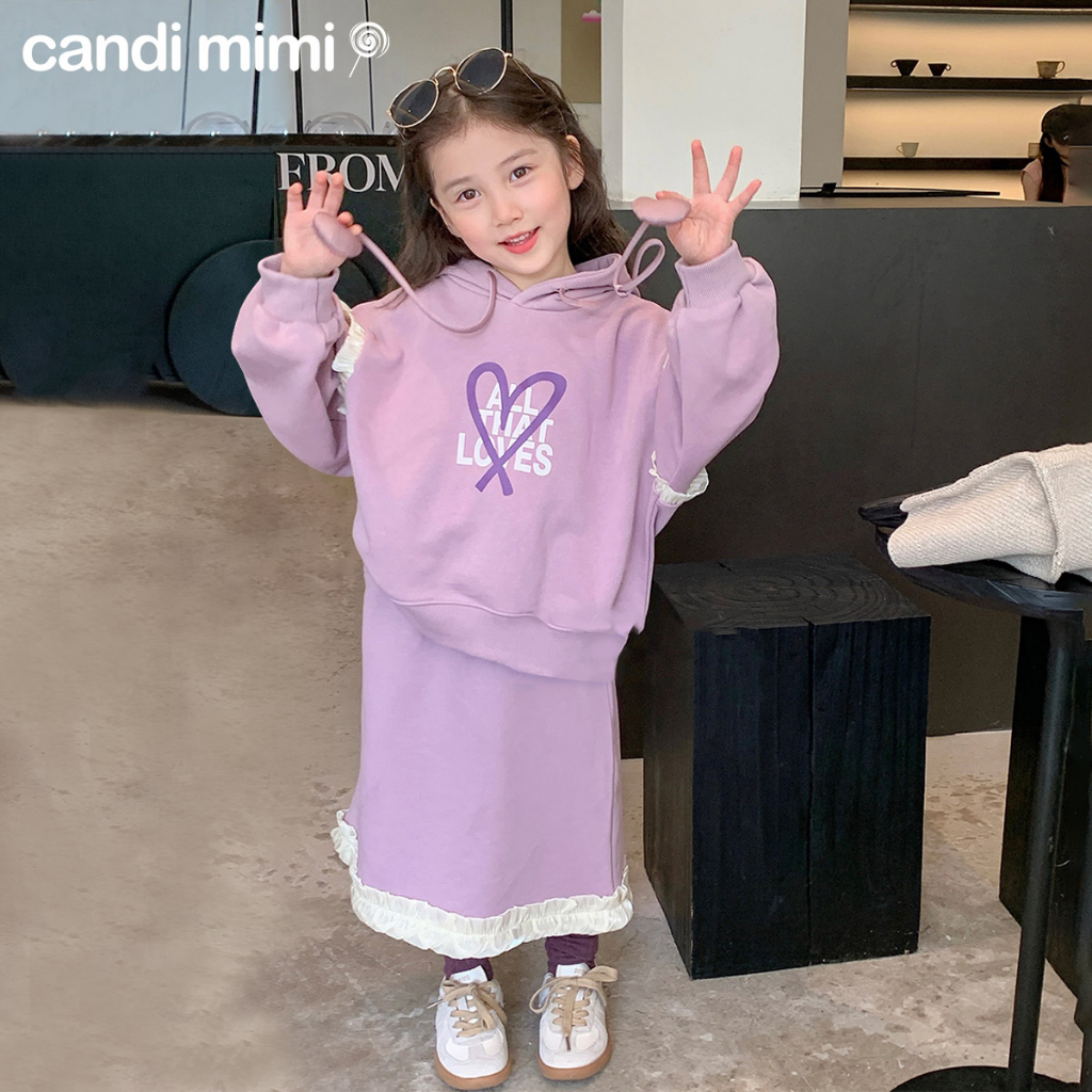 CANDIMIMI Set Áo Hoodie 100% Cotton Và Chân Váy Dáng Dài Viền Bèo Cho Bé Gái - Phong Cách Tiểu Thư - Thời Trang Trẻ Em
