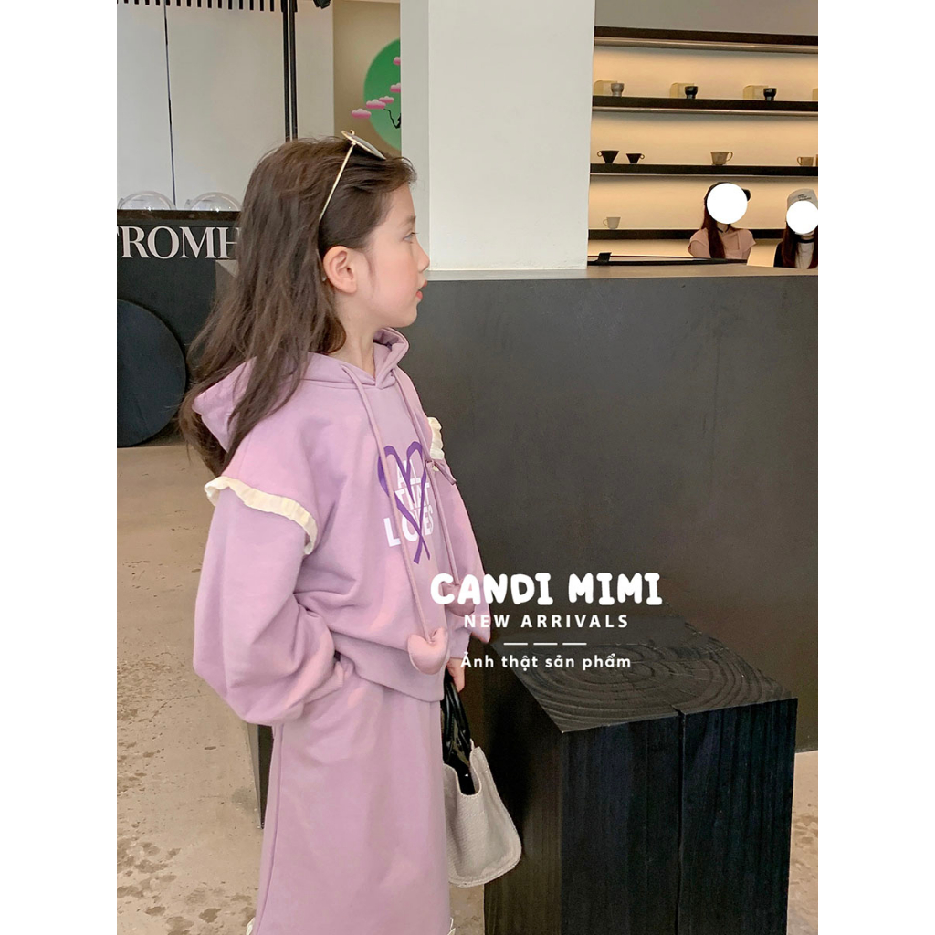 CANDIMIMI Set Áo Hoodie 100% Cotton Và Chân Váy Dáng Dài Viền Bèo Cho Bé Gái - Phong Cách Tiểu Thư - Thời Trang Trẻ Em