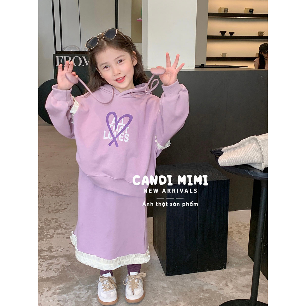 CANDIMIMI Set Áo Hoodie 100% Cotton Và Chân Váy Dáng Dài Viền Bèo Cho Bé Gái - Phong Cách Tiểu Thư - Thời Trang Trẻ Em