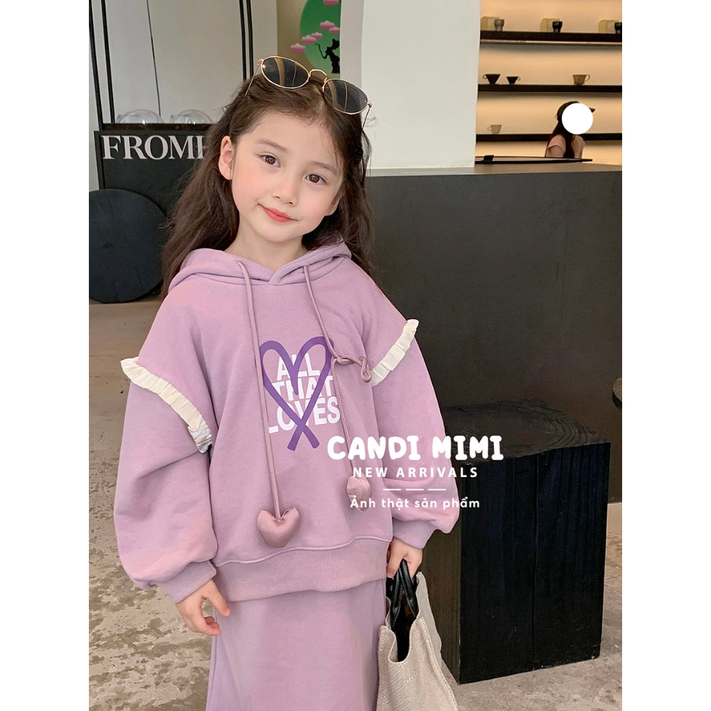 CANDIMIMI Set Áo Hoodie 100% Cotton Và Chân Váy Dáng Dài Viền Bèo Cho Bé Gái - Phong Cách Tiểu Thư - Thời Trang Trẻ Em