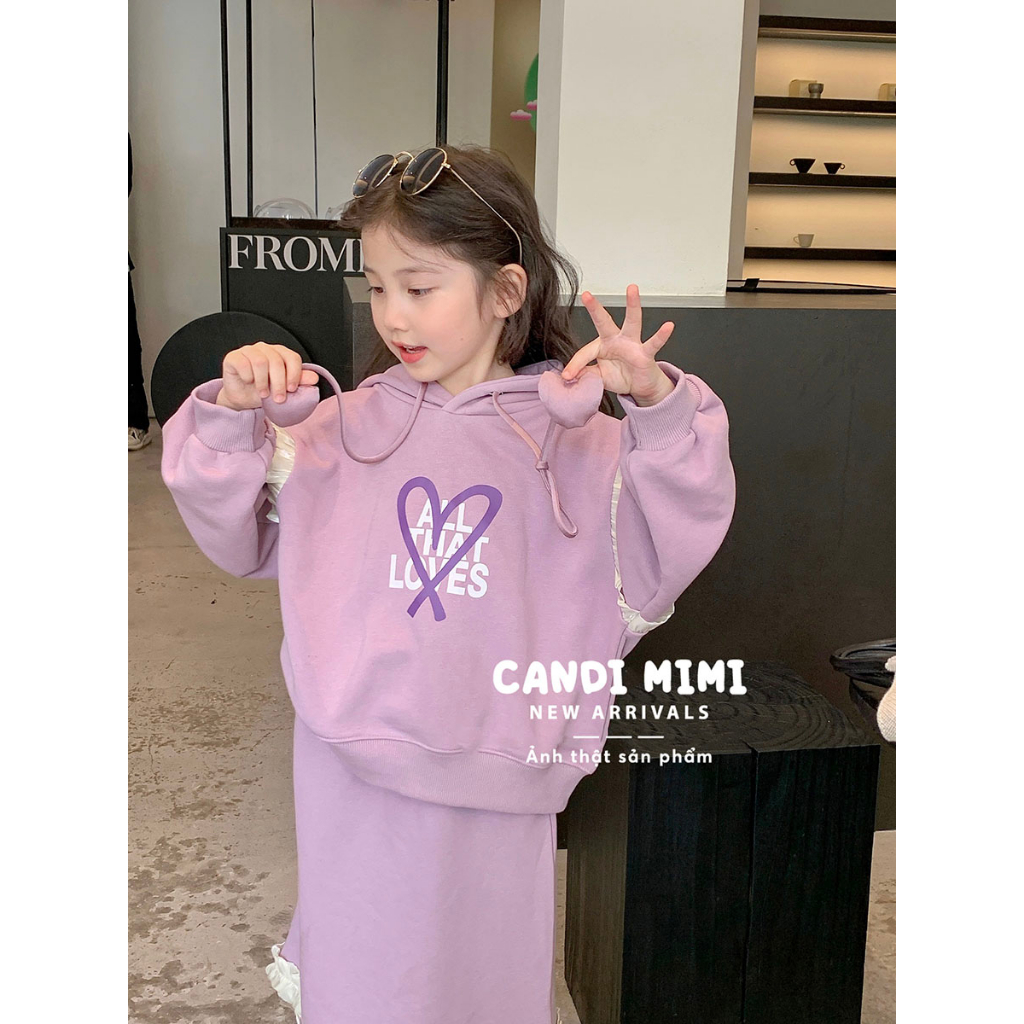 CANDIMIMI Set Áo Hoodie 100% Cotton Và Chân Váy Dáng Dài Viền Bèo Cho Bé Gái - Phong Cách Tiểu Thư - Thời Trang Trẻ Em