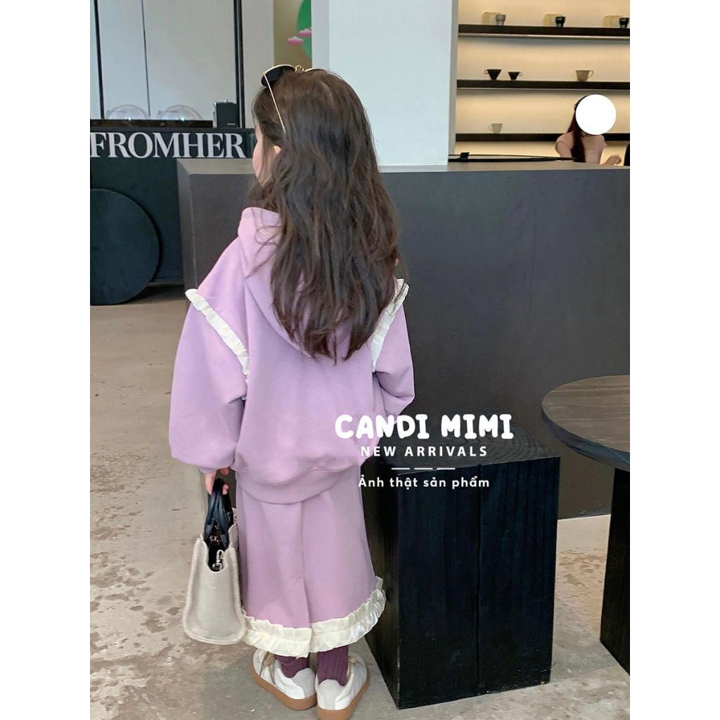 CANDIMIMI Set Áo Hoodie 100% Cotton Và Chân Váy Dáng Dài Viền Bèo Cho Bé Gái - Phong Cách Tiểu Thư - Thời Trang Trẻ Em