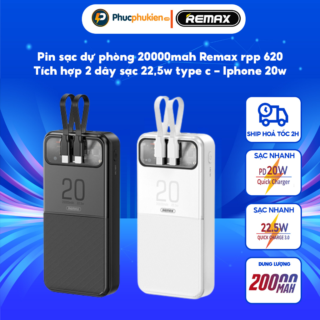Remax RPP 620 - Sạc dự phòng Remax 20000mAh tích hợp 2 dây sạc type c ...