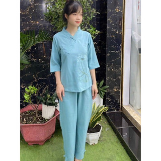1Nút Thêu Hoa LiNen Ấn Cao Cấp Nữ # Quần Áo Nữ Đi Chùa