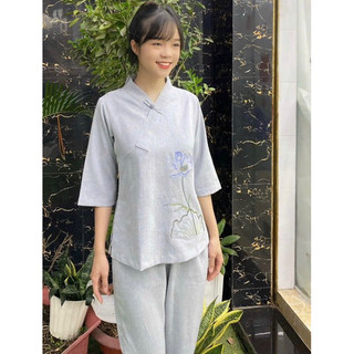 1Nút Thêu Hoa LiNen Ấn Cao Cấp Nữ # Quần Áo Nữ Đi Chùa