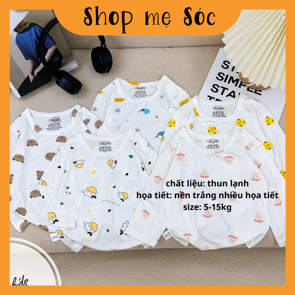 Áo dài tay chất thun lạnh nền trắng họa tiết thú đáng yêu, có cúc cài vai cho bé từ 4-14kg Mesocshop