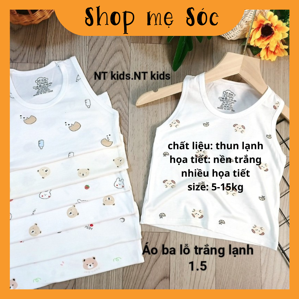 Áo ba lỗ chất thun lạnh nền trắng họa tiết thú đáng yêu cho bé từ 4-14kg mesocshop