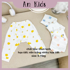 Quần dài chục đáp đũng cho bé chất thun lạnh nền trắng họa tiết thú đáng yêu 4-14kg Ankidsstore