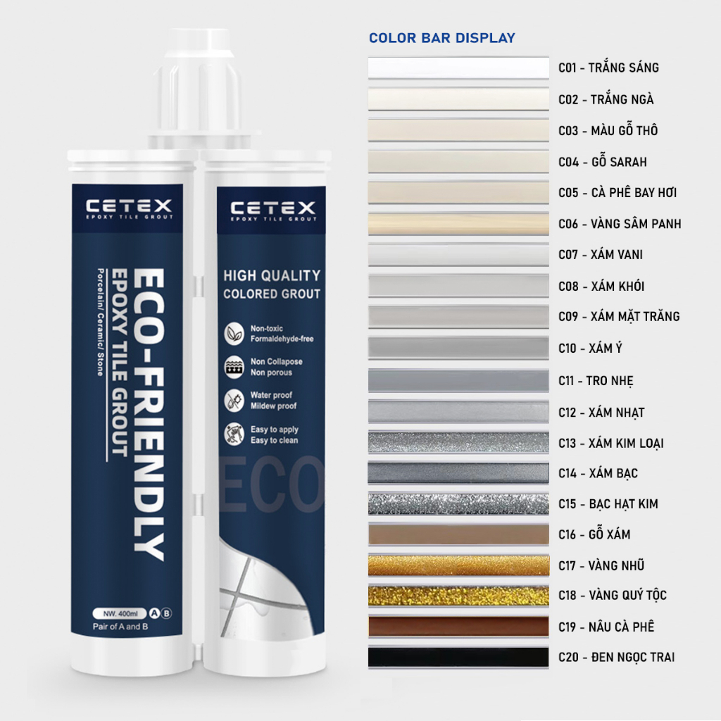 Product image Combo keo chít mạch gạch, keo chà ron 2 thành phần Cetex và bộ dụng cụ thi công chống thấm, bám bẩn 2