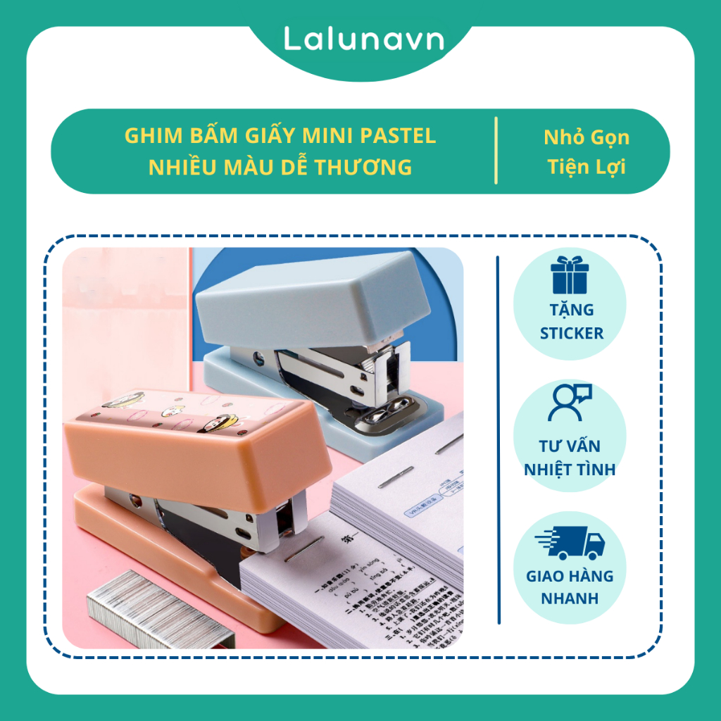 Bấm ghim giấy mini Pastel dập ghim kẹp tài liệu văn phòng phẩm Lalunavn ...