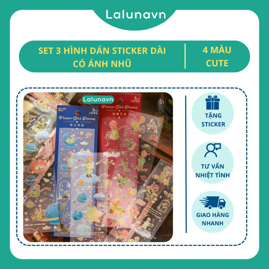 Set 3 Sticker dài có ánh nhũ, hình dán trang trí sổ tay, album, điện ...